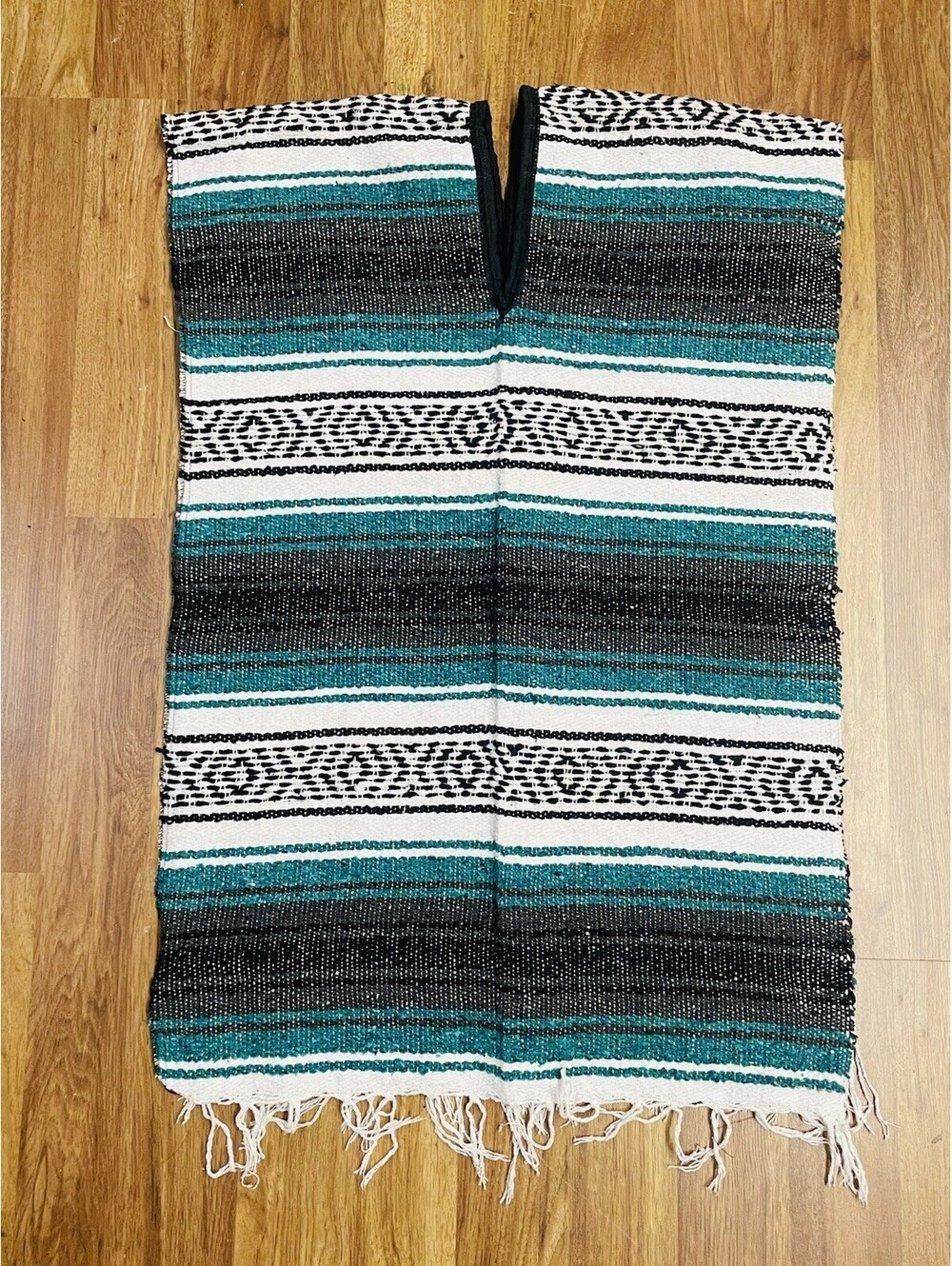 Mexican Falsa Blanket Teal Green PONCHO Vest Hippie / Camping / Beach Unisex
